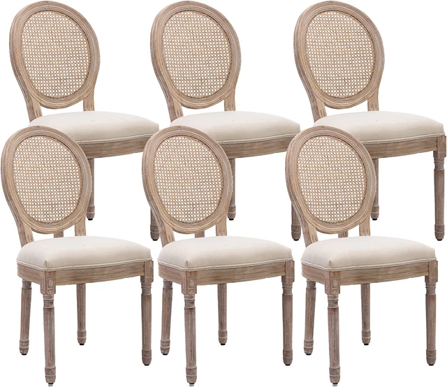 Dining Chairs Set of 6 French Vintage, Mid Century Upholstered Farmhouse Fabric