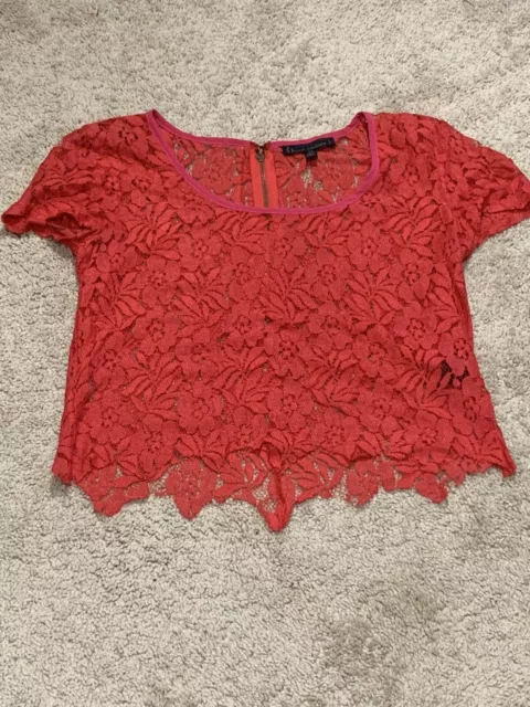 Lucca Couture Womens Shirt Size XS Red Short Sleeve Floral Lace Cropped