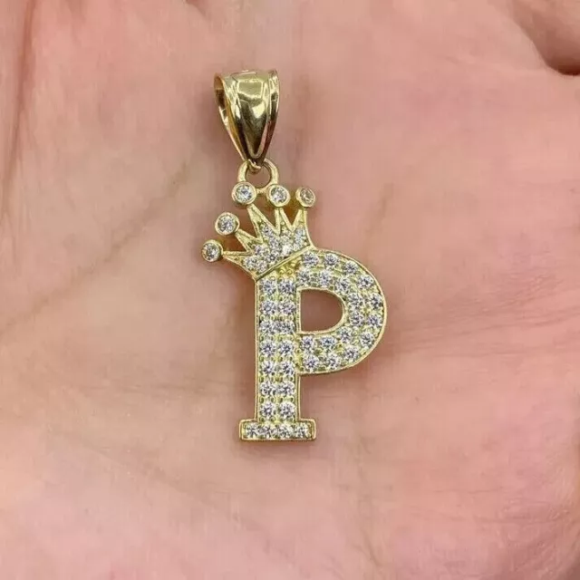 2.20Ct Round Moissanite Crown Letter Initial "P" Pendant 14K Yellow Gold Plated