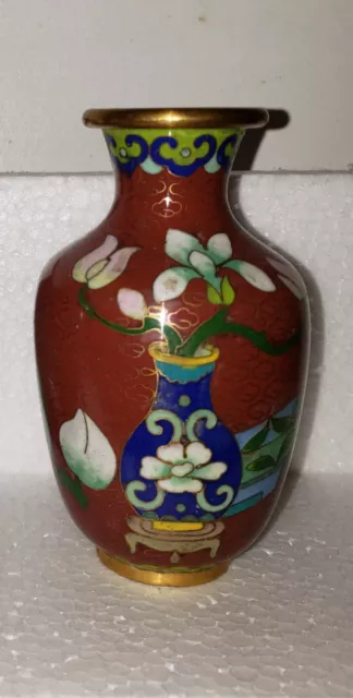 Vintage 4" Cloisonné Brass Enamel Hand Painted Floral Vase