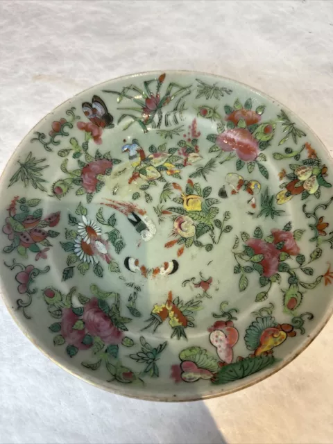 Chinese Canton Celadon Ground Famille Rose Painted With Birds & Butterflies