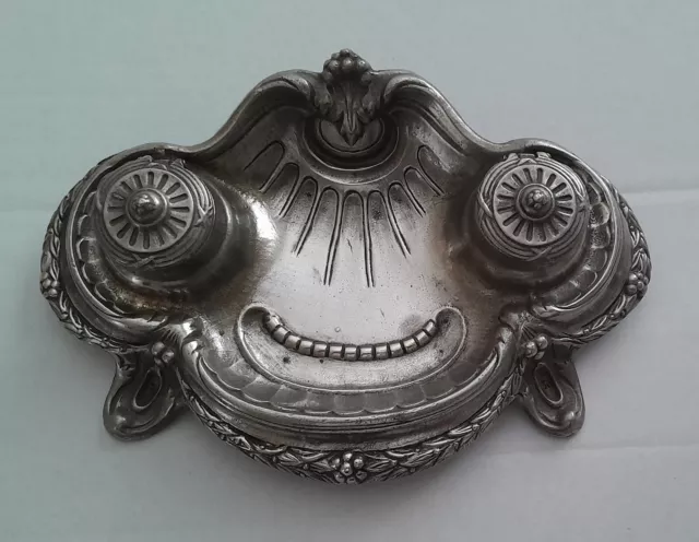 French Style Vintage Metal Ornate Double Inkwell Desk Stand - Art Nouveau