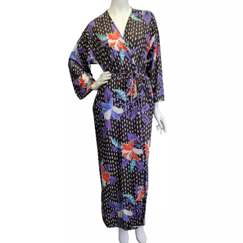 Vtg 70s Keyloun Womens S Tropical Hawaiian Floral Jersey Knit Long Robe USA Made