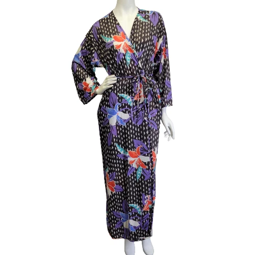 Vtg 70s Keyloun Womens S Tropical Hawaiian Floral Jersey Knit Long Robe USA Made