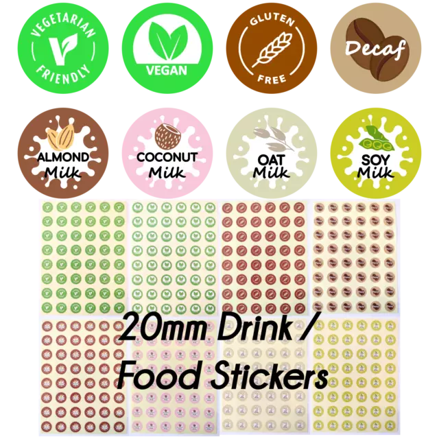 ALLERGY ALLERGEN DRINK Labels Stickers VEGAN VEGETARIAN GLUTEN FREE DECAF MILK