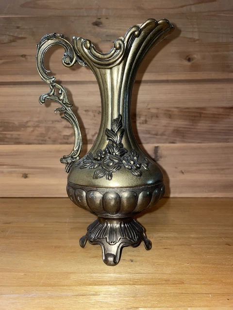 Vintage Brass Italian Peltrato Ornate Footed Pitcher Rose Patern 9.5” Italy