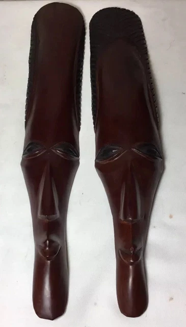Antique Pair of Hand Carved 19”Tall Heavy Ironwood African Mask Wall Art Decor