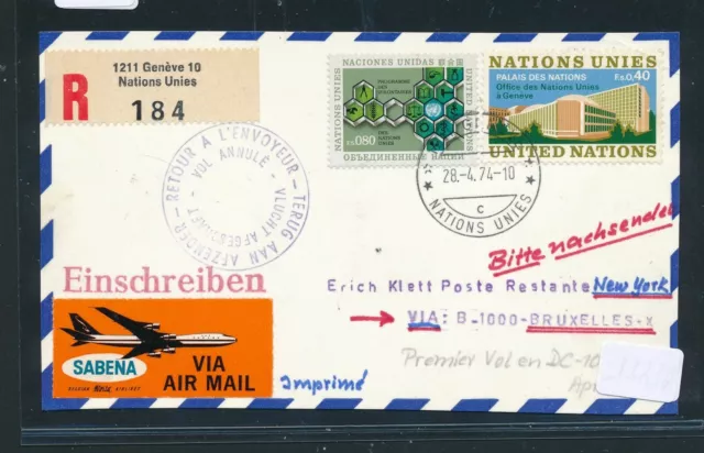 53445) SABENA  FF Brüssel - New York 11/73 annule Reco-Kte ab UNO Genf