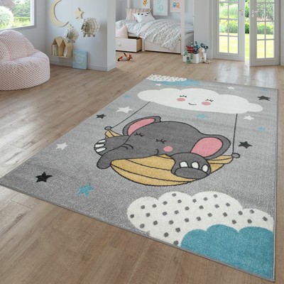 Dimensione:80x150 cm Tappeto per Cameretta dei Bambini Grazioso Colori Pastello Motivo con Nuvole Pelo Corto in Blu e Bianco 