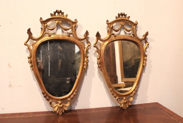 Par De Antigua Espejos en Madera Grabado E Dorado Jersey- Media XVIII Siglo