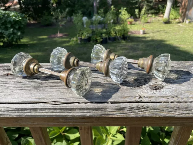 3 Antique 12 Point Crystal Glass & Brass Matching Door Knob Sets