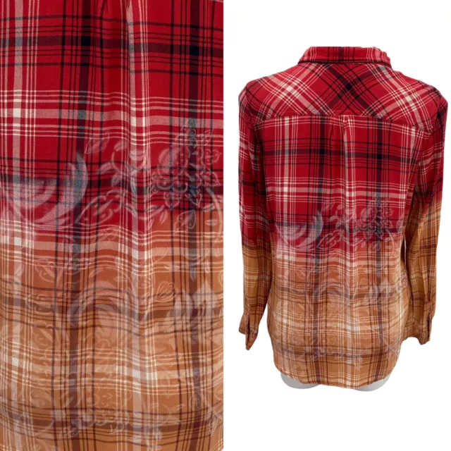 Universal Thread Womens Plaid Top Button Up Medium Upcycled Bleach Ombre Stencil