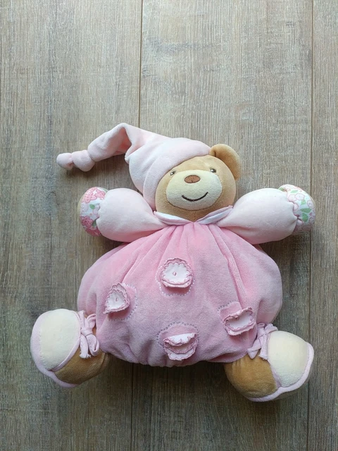 Doudou Peluche Ours Brun Boule Patapouf Lilirose  Fleurs Rose Kaloo Hochet Com9