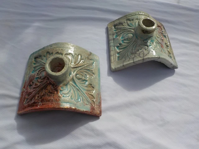 Paire Bougeoire Gres Flamme Vernisse Chardon Lorrain Tuile Faitiere 1900