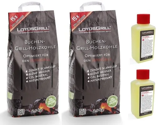 Spar-Set: LotusGrill 2x  Buchenholzkohle 2,5 kg Sack + 2x Brennpaste 200 ml