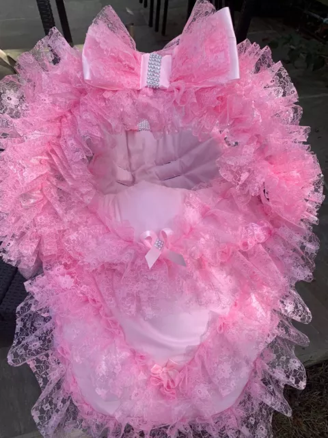 Pink baby universal carseat  cosytoes/footmuff liner frilly bling personalised