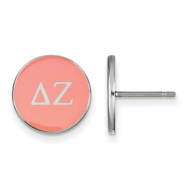 Sterling Silver Delta Zeta Pink Enamel Disc Post Earrings