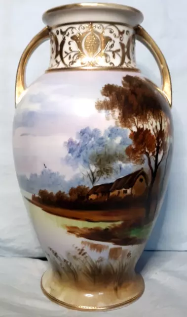 Antique Morimura Porcelain Vase Nippon Hand Painted Landscape houses lake Art