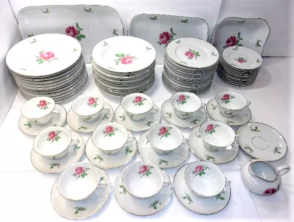 Set of 81-Pc ~ Hutschenreuther "Pink Rose" Bone China Dinnerware for 12, Germany