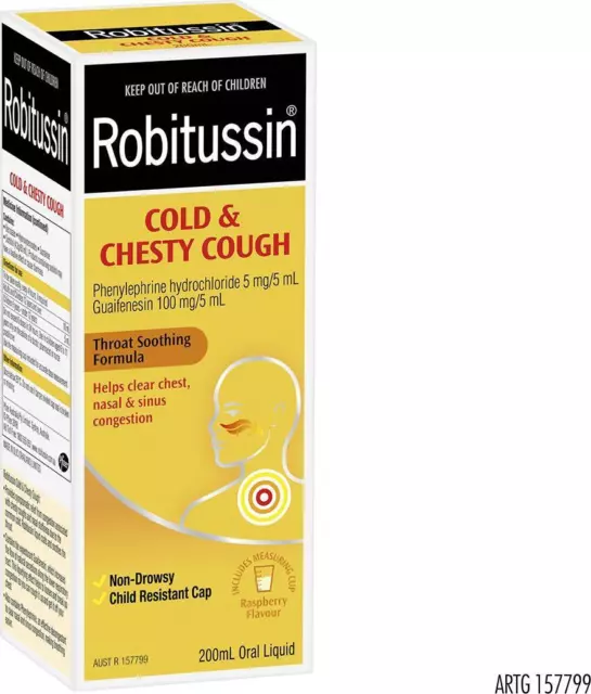 Robitussin Cold and Chesty Cough Throat Gargle Raspberry 200mL+FREE SHIPPING.