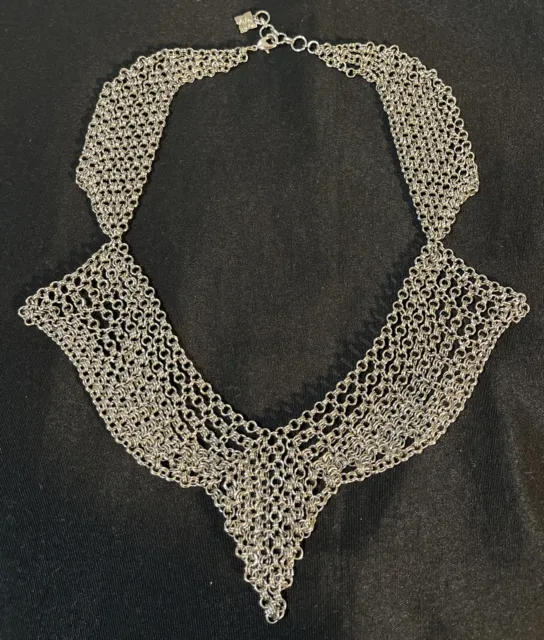 BCBGMaxazria Necklace Silver Chain Mail Mesh Bib Statement Brutalist Jewelry