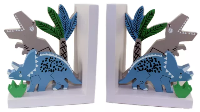 Hand-Painted Wooden DINOSAUR BOOKEND Novelty Book Stand Set | Grey