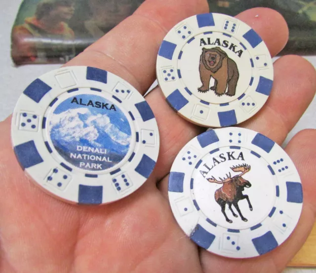 Alaska Souvenir Clay White poker chips, set of 3 w/Moose, Bear & Denali Stickers