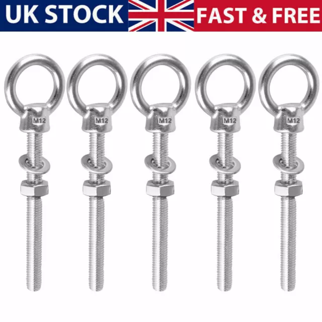 5Pcs Stainless Steel Lifting Eye Bolt M6 M8 M10 M12 Thread Longshank Nut Heavy