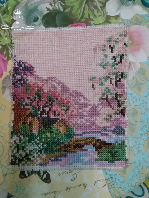 completed unframed cross stitch embroidery sewing pink landscape