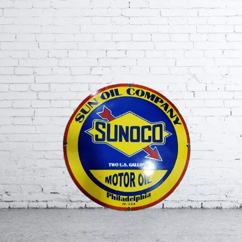 Sunoco Motor Oil  Advertising Porcelain Enamel Heavy Metal Sign 30 Inches Round