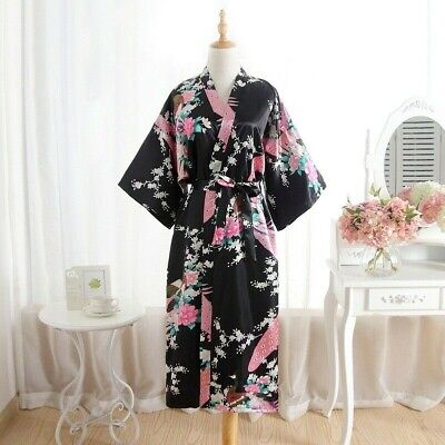 Lady Satin Robe Kimono Bathrobe Faux Silk Floral Pajamas Sleepwear Japanese Chic
