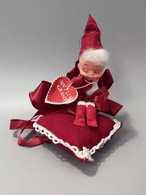 Vintage Valentine's Day Knee Hugger Pixie Doll on Pillow Red & White Elf Figure