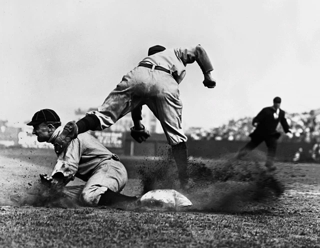 8x10 PHOTO OF TY COBB SLIDES SAFELY IN TO THIRD BASEBALL HALL OF FAMER -