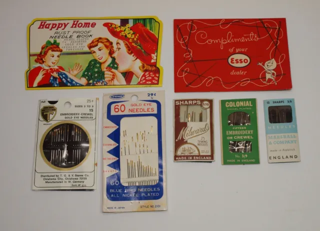 Vintage Lot of 7 Sewing NEEDLE CARDS & PACKAGES Happy Home ESSO Milward Colonial