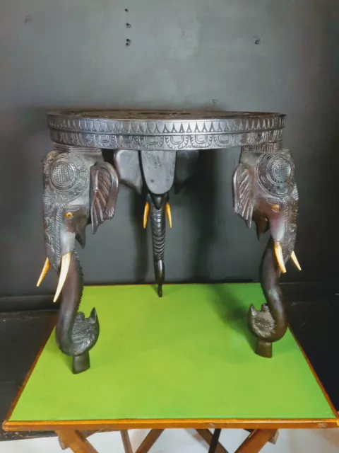 Antique Anglo Indian Hand Carved Elephant Side Table