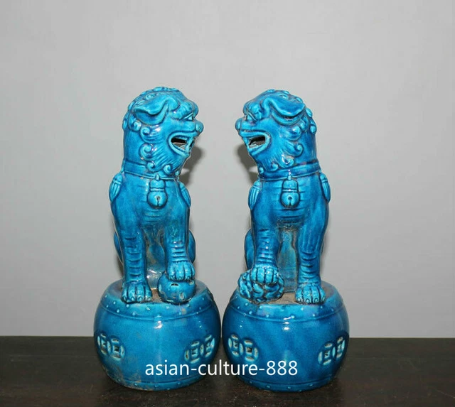 Chinese Old Pair Marked Blue Glaze Porcelain Fengshui Lion Foo Fu Dogs Statues