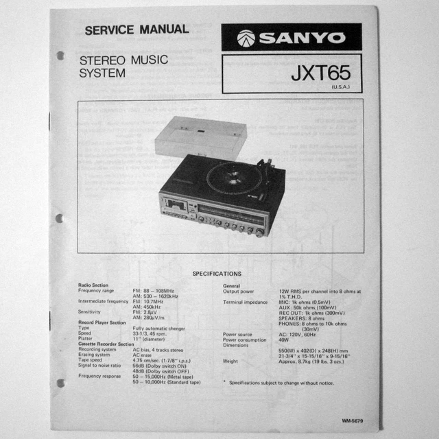 SANYO ® Model JXT65 Stereo Cassette Music System - Service Manual © 1980 New NOS