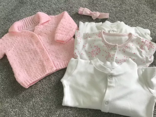 Baby Girl Bundle Pink White Babygrows Cardigan Headband 3-6 Months