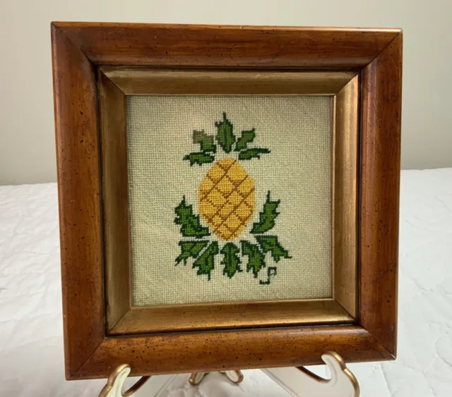 Vintage Framed Needlepoint Tapestry, Wood Frame, Pineapple
