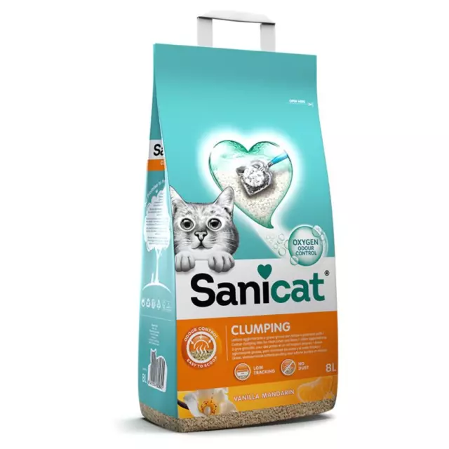 SANICAT AGLOMERANTE AROMA VAINILLA Y MANDARINA 8 LTS para gatos ARENA