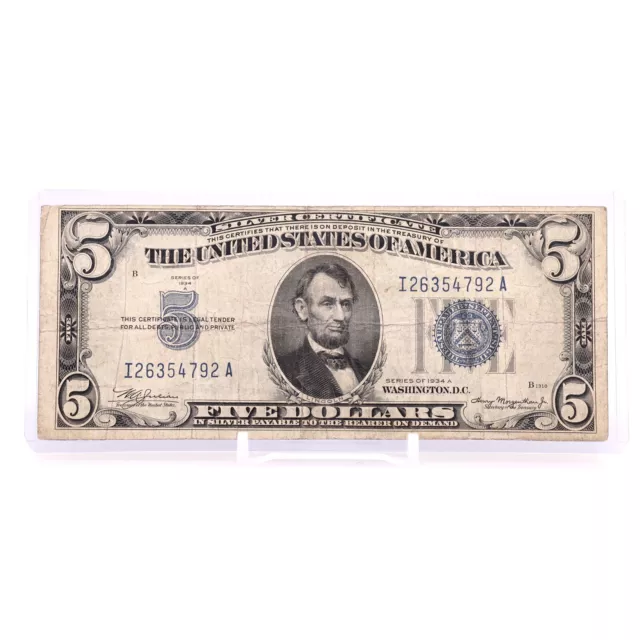 1934A $5 Five Dollar US Silver Certificate VINTAGE BLUE F1651 Julian Morgenthau