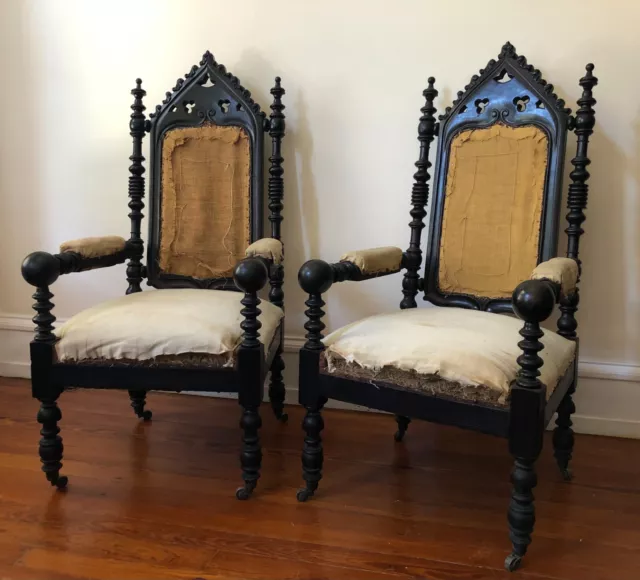 Pair Antique 19th Century Victorian Gothic Revival Turned and Carved Armchairs
