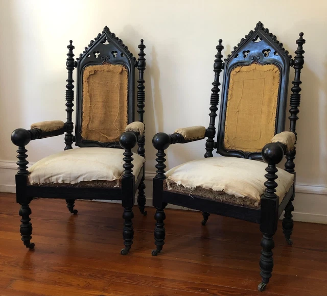 Pair Antique 19th Century Victorian Gothic Revival Turned and Carved Armchairs