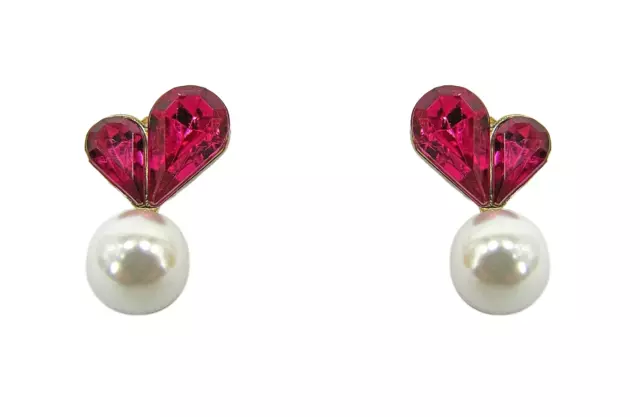 Cute Pink Crystal Heart Earrings with White Pearl - Pierced Earrings - NEW