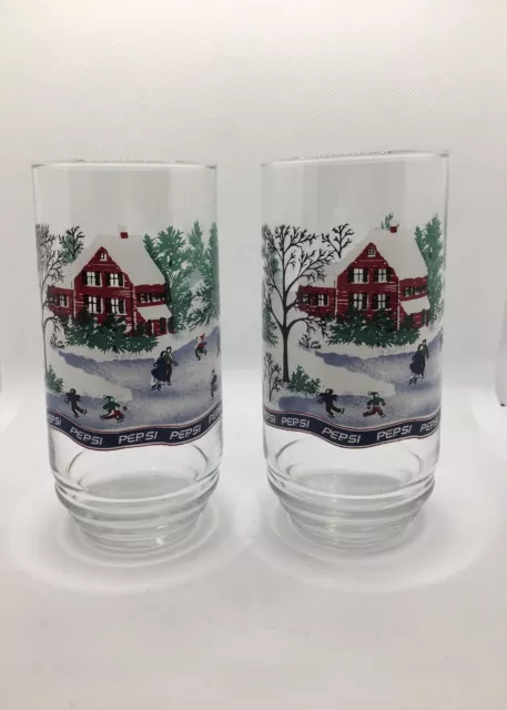 Vintage Pepsi Drinking Glasses Ice Skating Winter Scene Set of 2