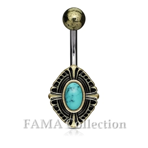 FAMA Antique Gold Plated Celtic Cross Shield Belly Ring w/ Semi Precious Stone
