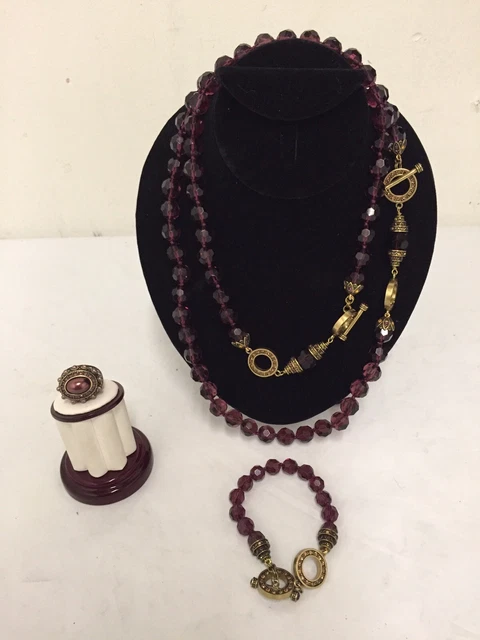 Heidi Daus Purple Beaded Multicolor Crystal Toggle Necklace w/Bracelet/Ring Set