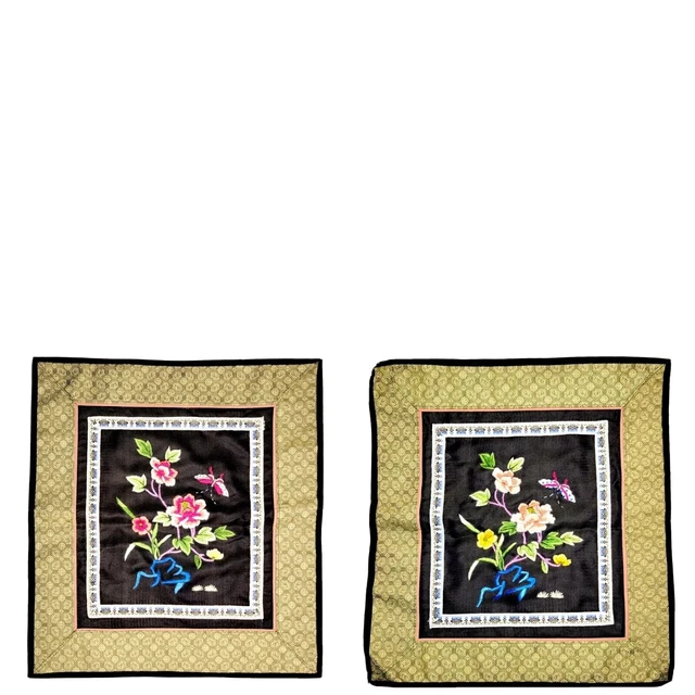 Chinese Embroidery Lot 2 Hand Stitched Silk Square Panels Flowers Butterfly EUC!