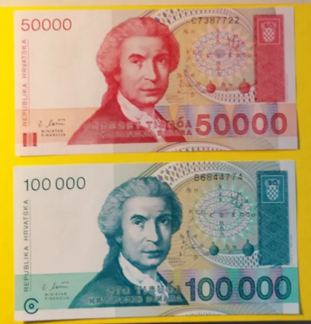1989 Croatia Set of 2 Banknotes 50,000-100,000 Dinars Crisp Uncirculated P26-27