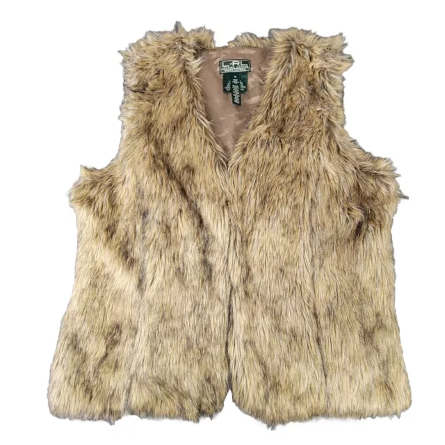 Ralph Lauren Active Faux Fur Vest Womens 1X Brown Sleeveless Jacket Button Up